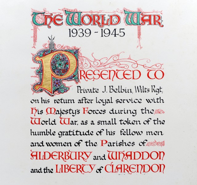 A token of thanks to Jim Belbin from his home Parish of Alderbury, Wiltshire